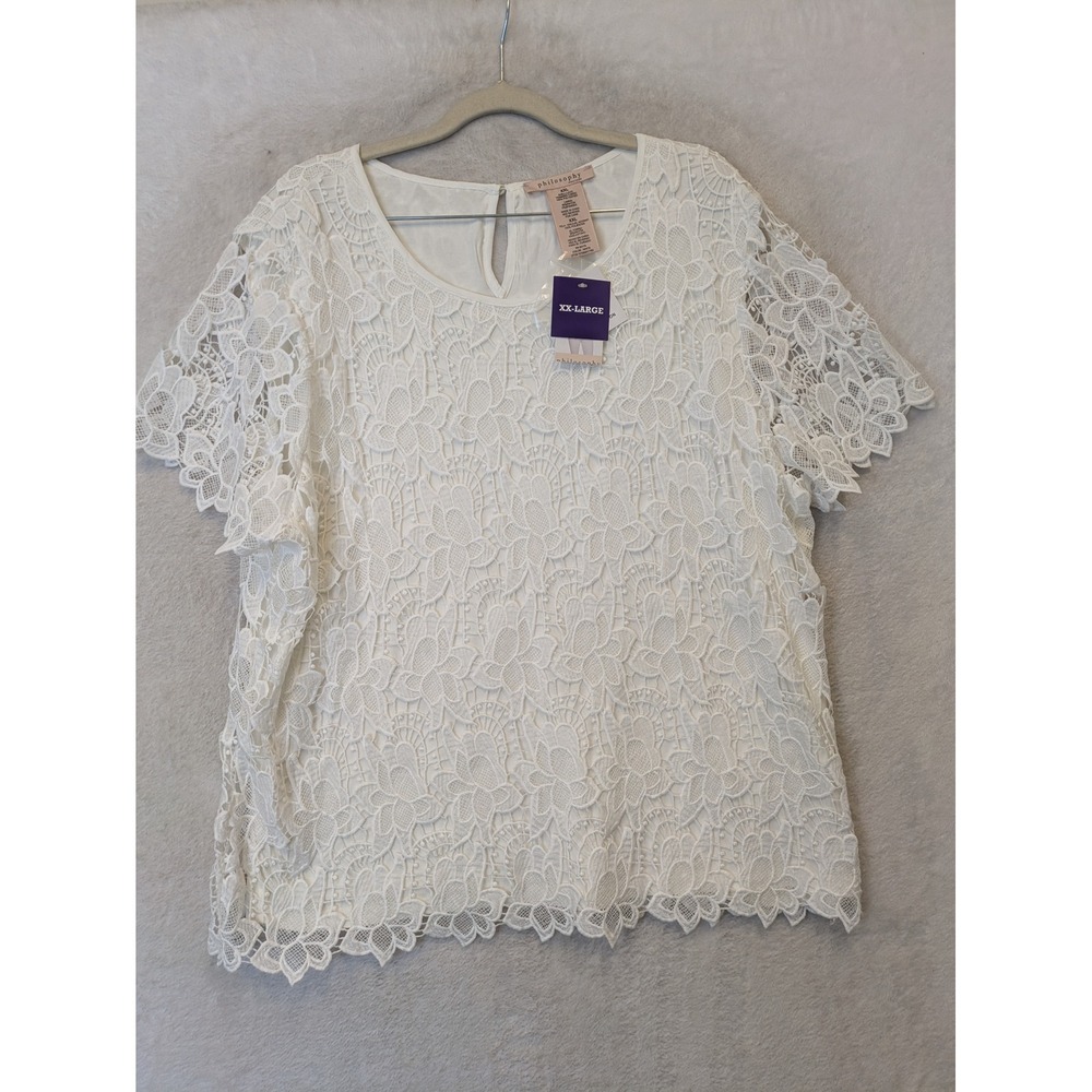 NEW Philosophy Lace Top Womens XXL White Scalloped Hem Keyhole Back Short Sleeve